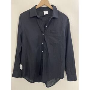 Linen Blend Button Up M Blouse Lagenlook Rustic Boho Coastal Resort Boyfriend